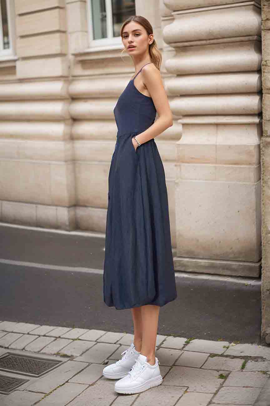 MIRA MIDI BUBBLE DRESS (NAVY / NAVY LINEN) -VD3349