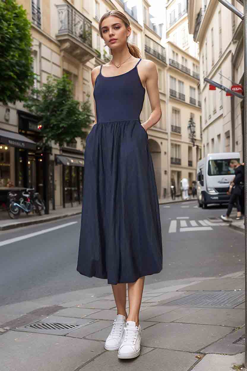 MIRA MIDI BUBBLE DRESS (NAVY / NAVY LINEN) -VD3349