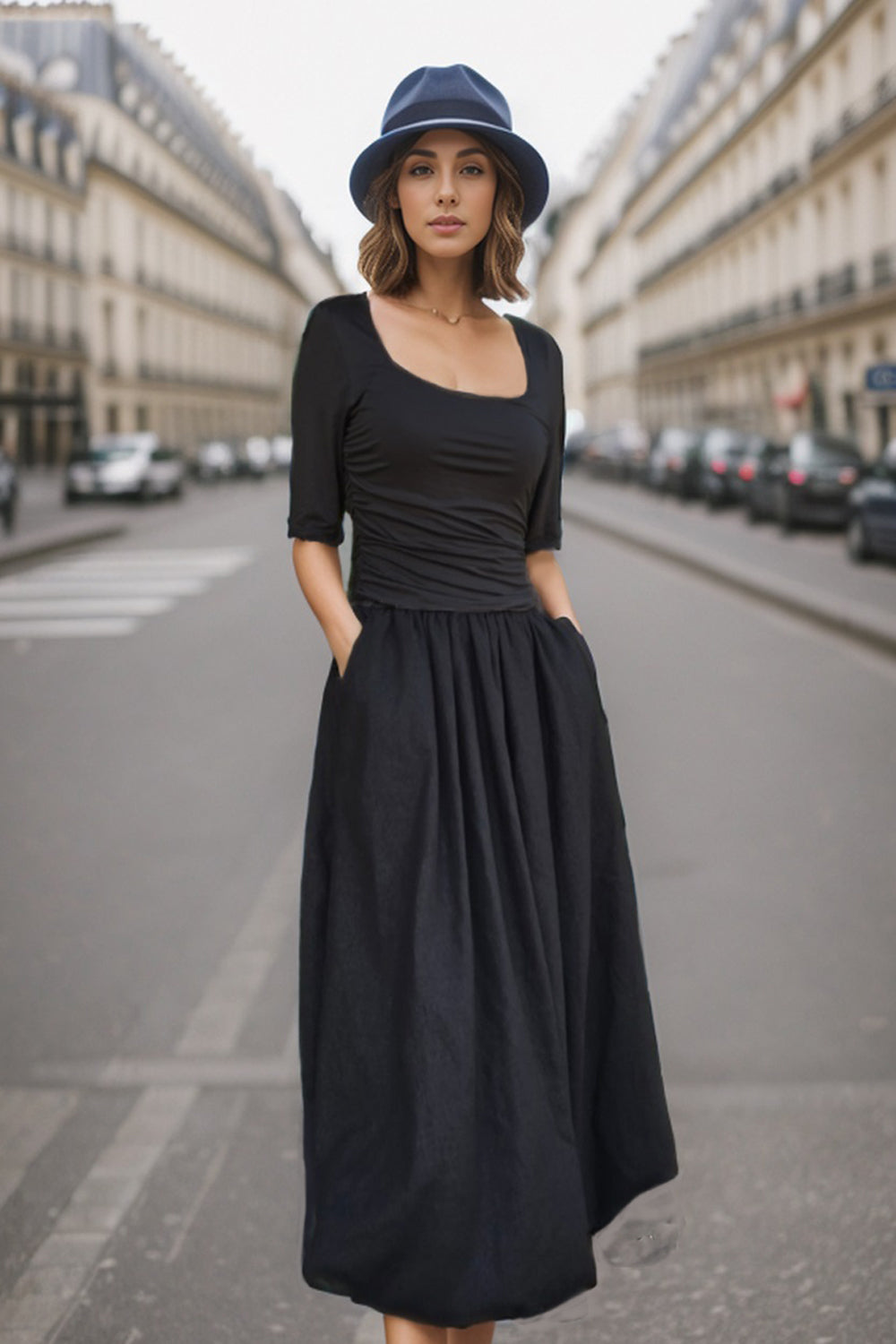 ANAIS HALF SLEEVE MIDI BUBBLE DRESS (BLACK / BLACK) - VD3363