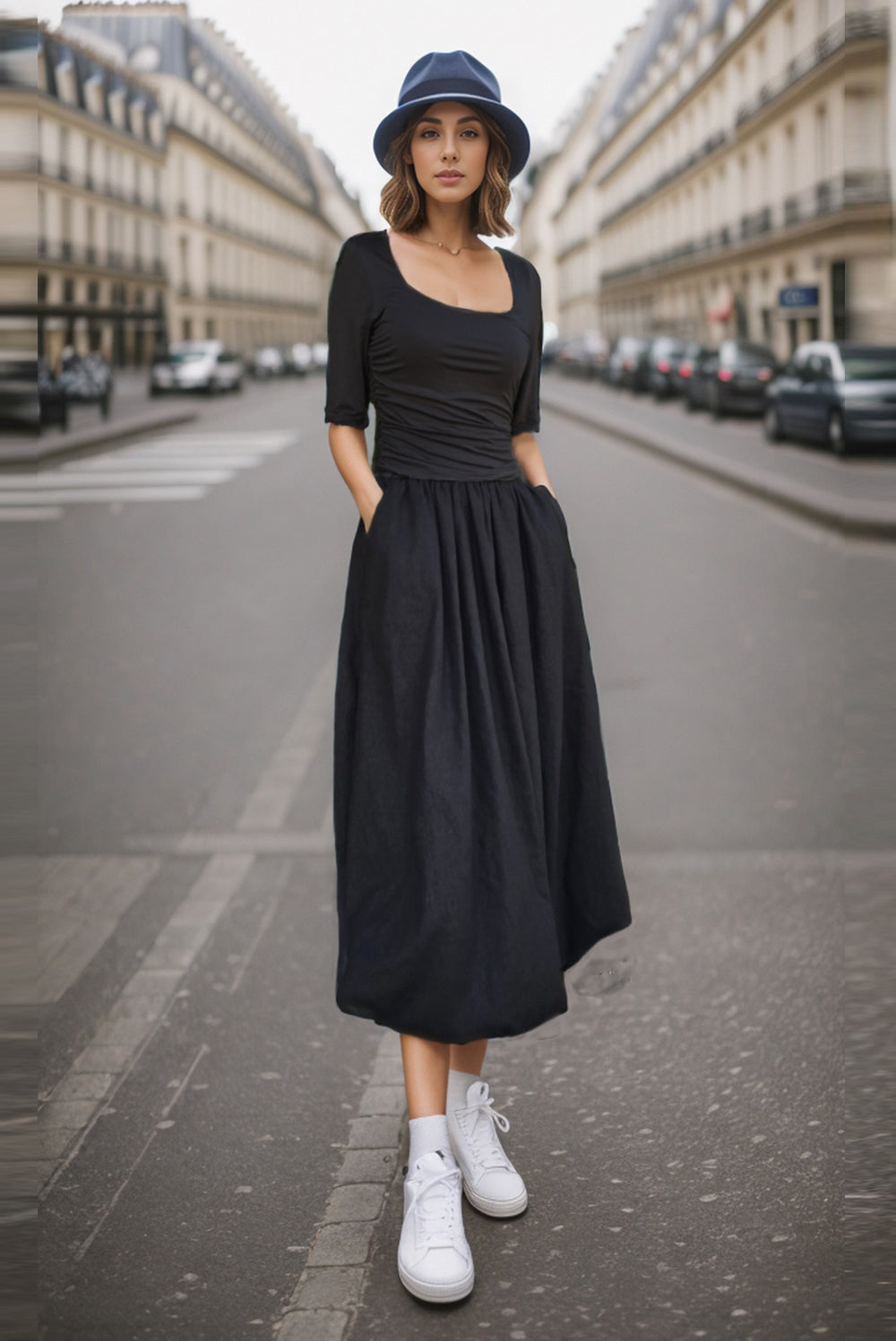 ANAIS HALF SLEEVE MIDI BUBBLE DRESS (BLACK / BLACK) - VD3363