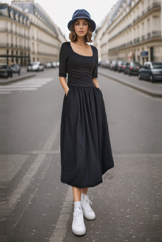 ANAIS HALF SLEEVE MIDI BUBBLE DRESS (BLACK / BLACK) - VD3363