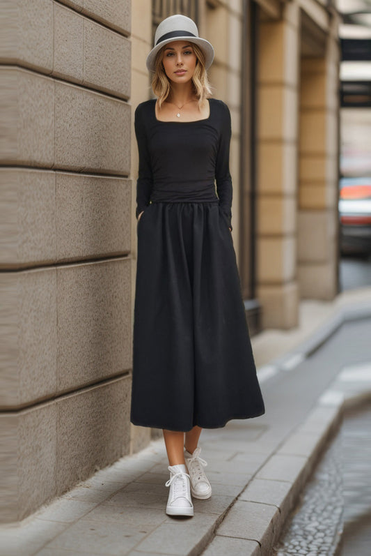 ANAIS LONG SLEEVE MIDI DRESS (BLACK / BLACK) - VD3364
