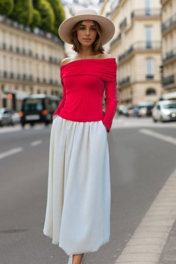 BETTY OFF SHOULDER MIDI BUBBLE DRESS (RED / CREAM) -VD3370