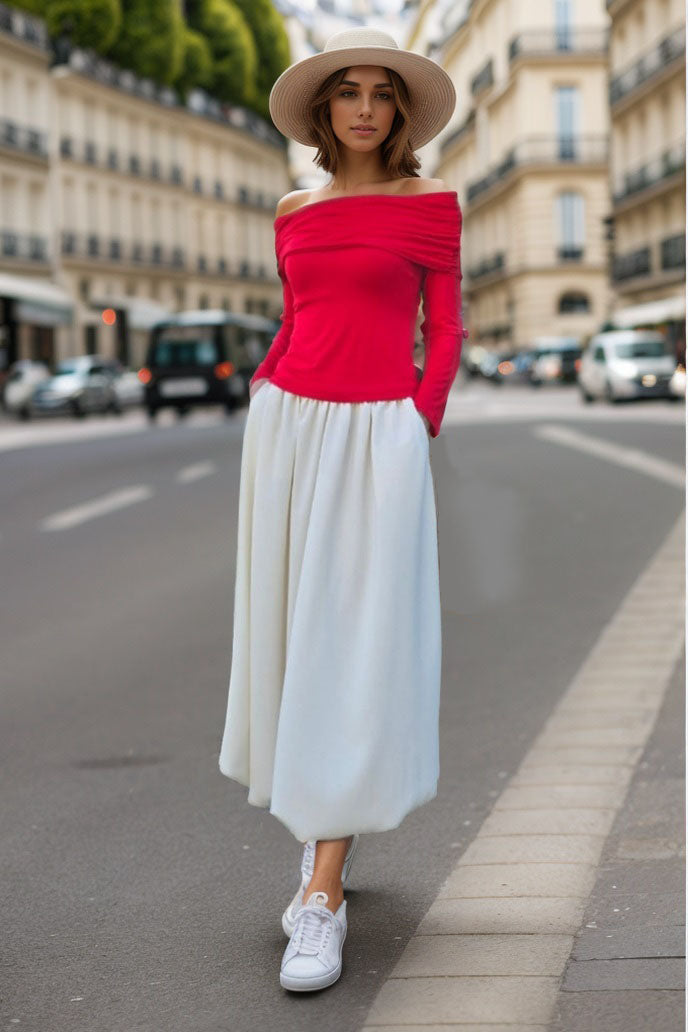 BETTY OFF SHOULDER MIDI BUBBLE DRESS (RED / CREAM) -VD3370