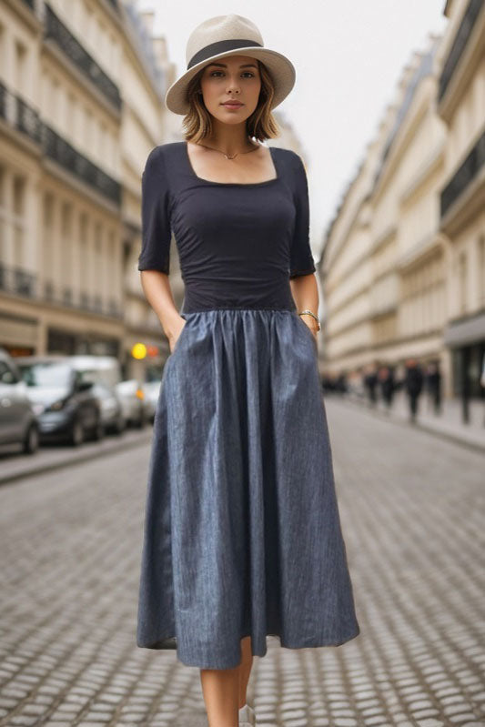 BETTY HALF SLEEVE MIDI DRESS (BLACK / DENIM) - VD3372