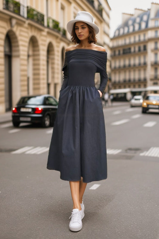 BETTY OFF SHOULDER MIDI DRESS (BLACK / BLACK)- VD3374