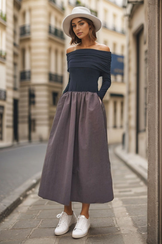 BETTY OFF SHOULDER MIDI DRESS (BLACK / BROWN)- VD3374