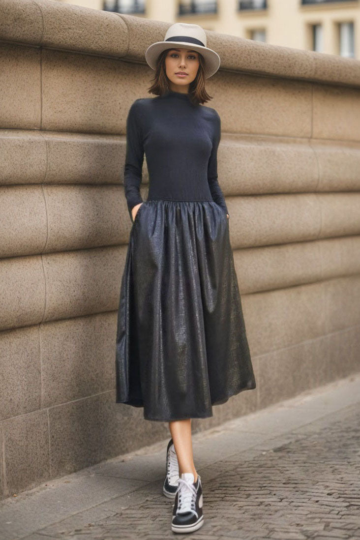 VD3377 BETTY MOCK NECK LONG SLEEVE MIDI DRESS (BLACK / SNAKE FLEATHER)-VD3377