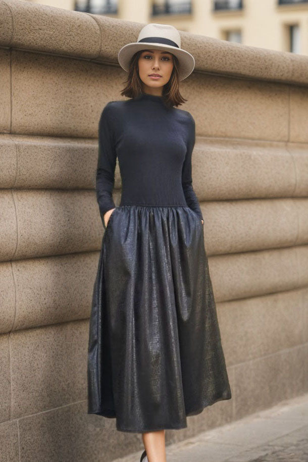 VD3377 BETTY MOCK NECK LONG SLEEVE MIDI DRESS (BLACK / SNAKE FLEATHER)-VD3377