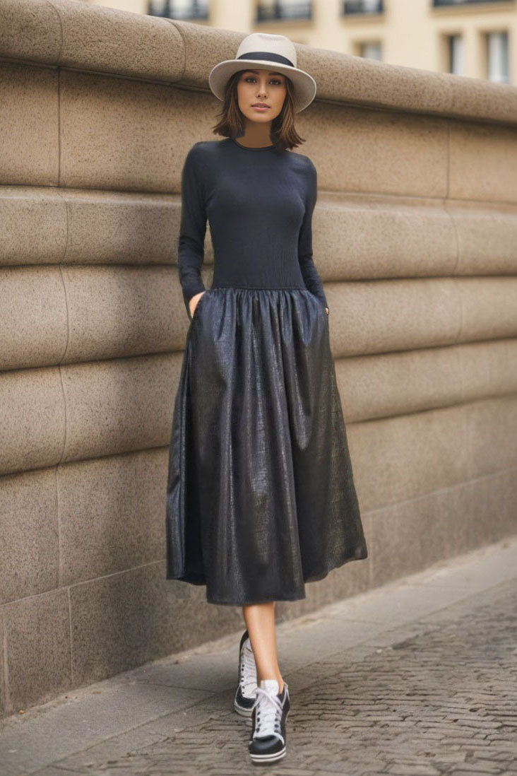 BETTY ROIND NECK LONG SLEEVE MIDI DRESS (BLACK / SNAKE FLEATHER)-VD3377