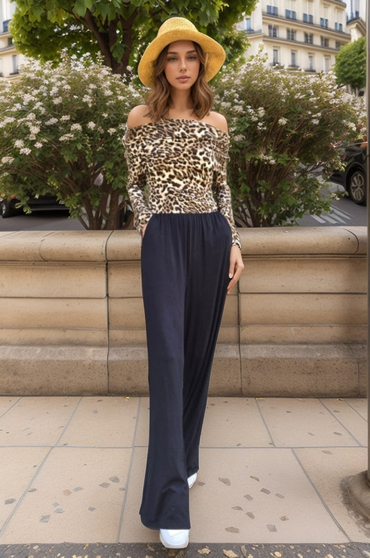 CLEO OFF SHOULDER JUMPSUIT (LEOPARD / BLACK)- VD3378