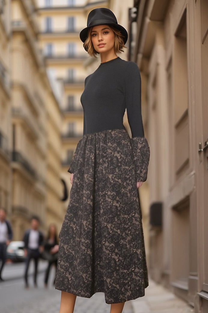 VICKY LONG BELL SLEEVE MIDI DRESS (BLACK RIB / BLACK CAMEL LACE)-VD3394