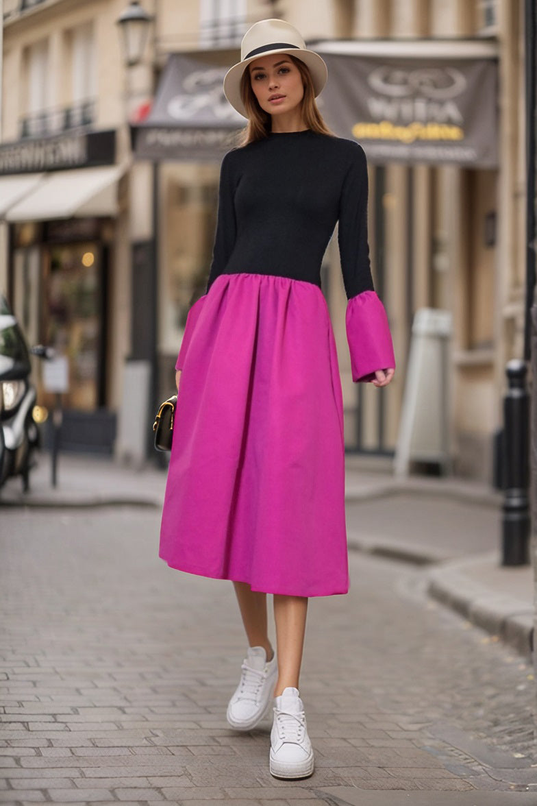 VICKY LONG BELL SLEEVE MIDI DRESS (BLACK RIB / FUSCHIA)-VD3394