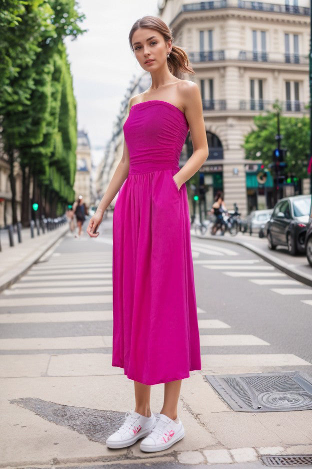 MIRA TUBE MIDI BUBBLE DRESS (FUSCHIA / FUSCHIA LINEN) -VD3413
