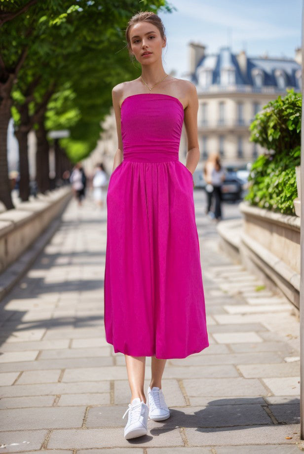 MIRA TUBE MIDI BUBBLE DRESS (FUSCHIA / FUSCHIA LINEN) -VD3413