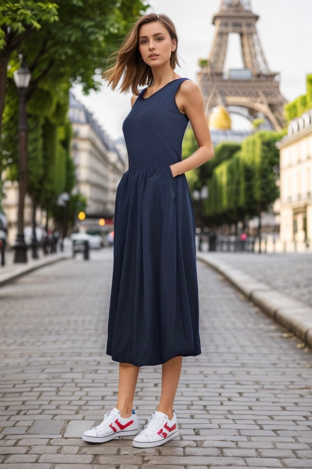MIRA TANK MIDI BUBBLE DRESS (BLACK RIB / BLACK LINEN) -VD3414