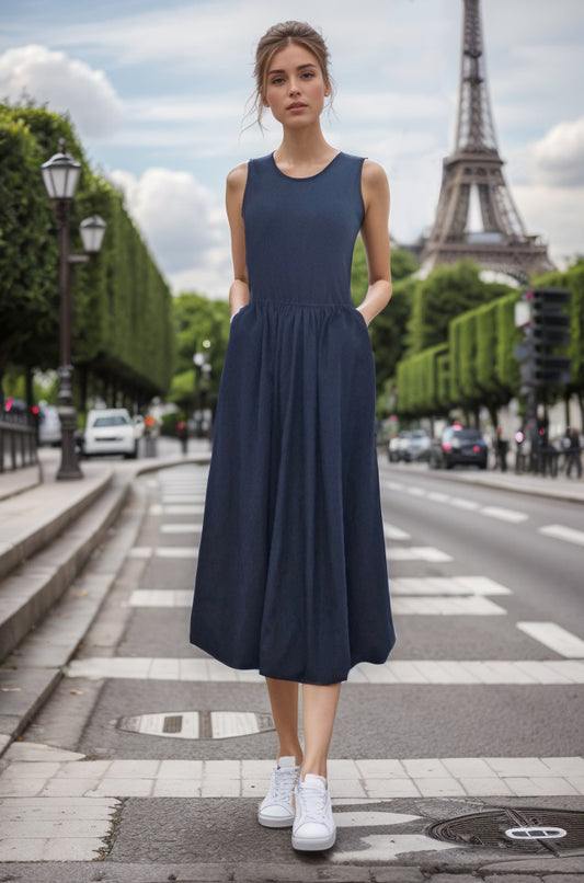 MIRA TANK MIDI BUBBLE DRESS (BLACK RIB / BLACK LINEN) -VD3414