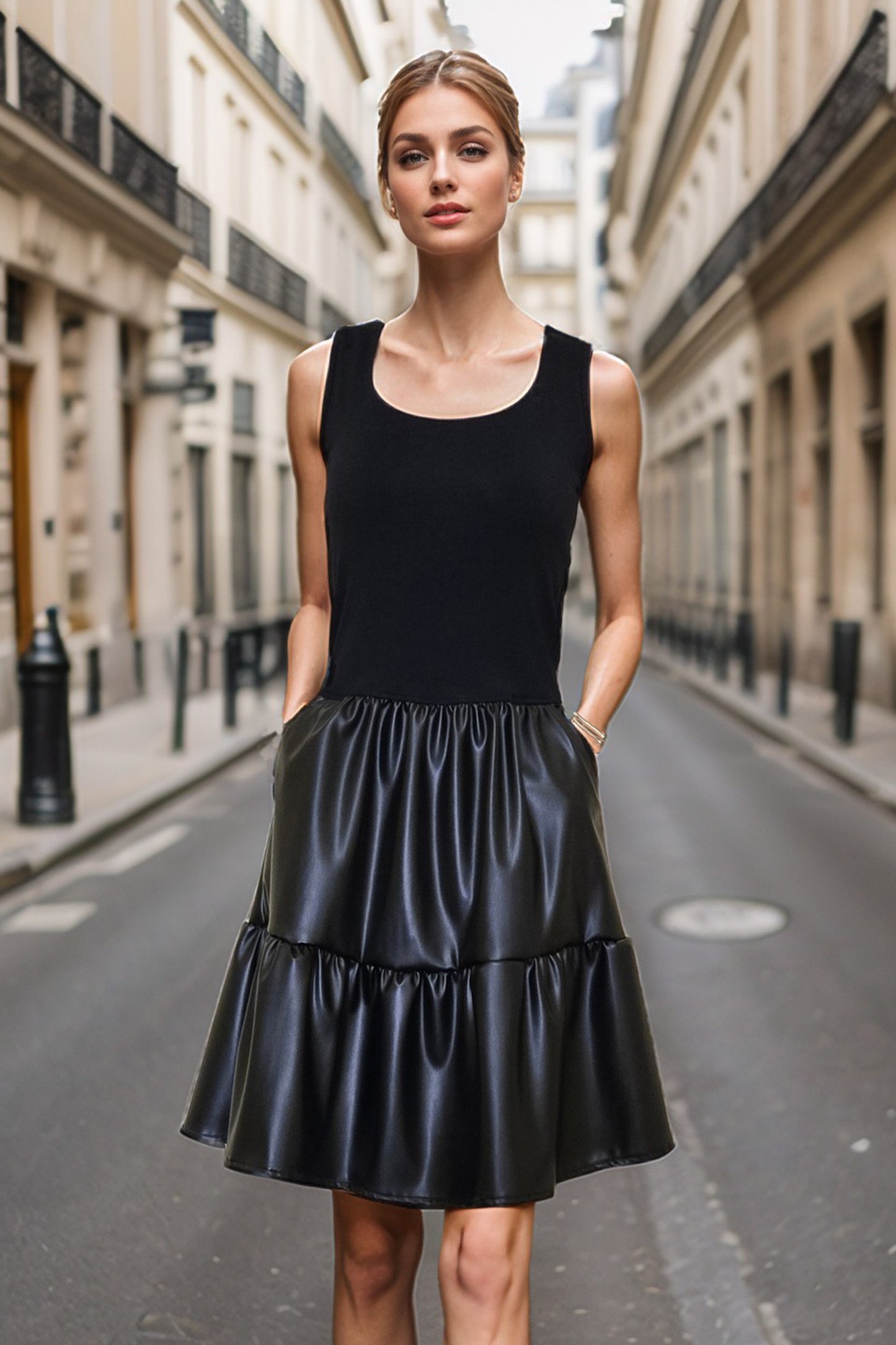 MIMI RUFFLE DRESS (BLACK VEGAN LEATHER)- VD3423PU