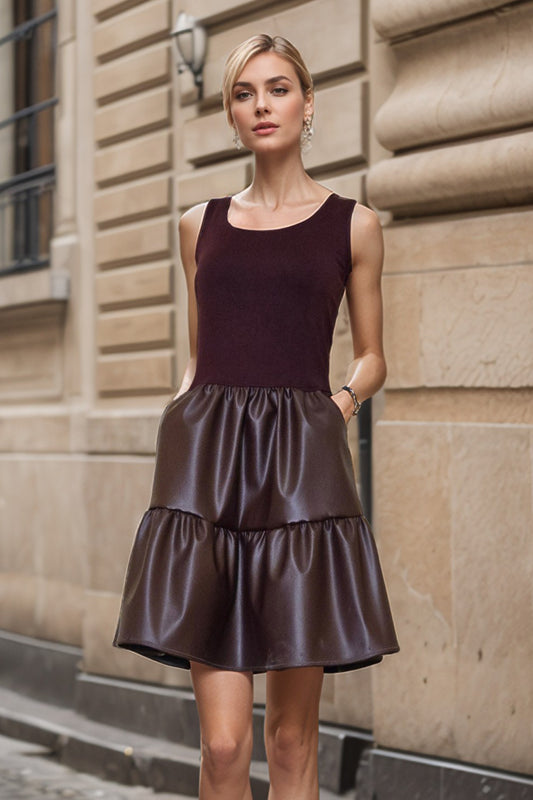 MIMI RUFFLE DRESS (DARK WINE VEGAN LEATHER)- VD3423PU