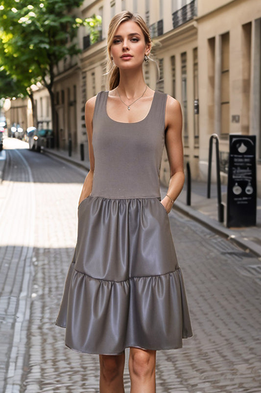 MIMI RUFFLE DRESS (MOCHA VEGAN LEATHER)- VD3423PU