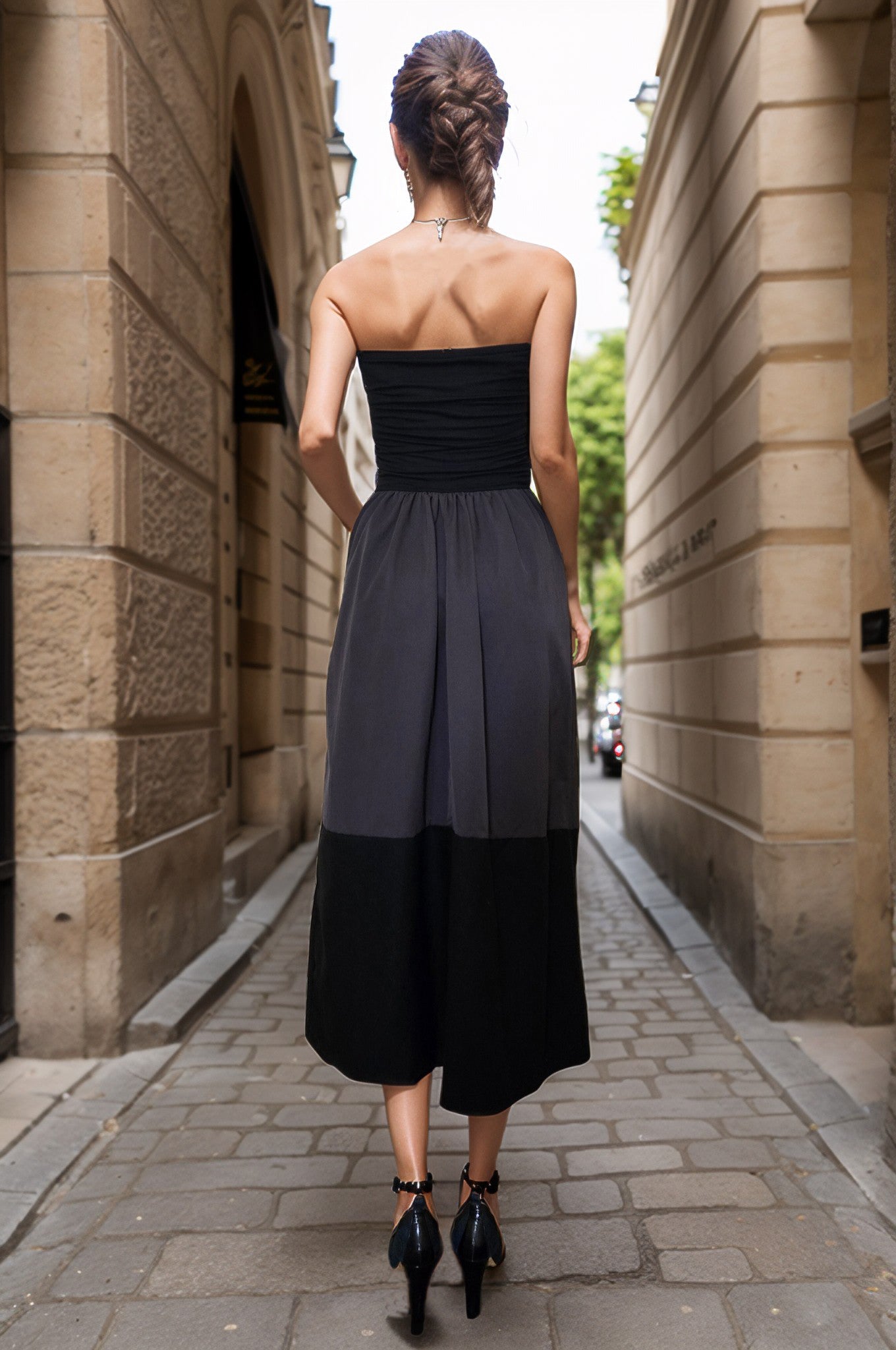 BRITTNEY COLOR BLOCK TUBE MID DRESS(BLK/CHARCOAL/BLK)-VD3434