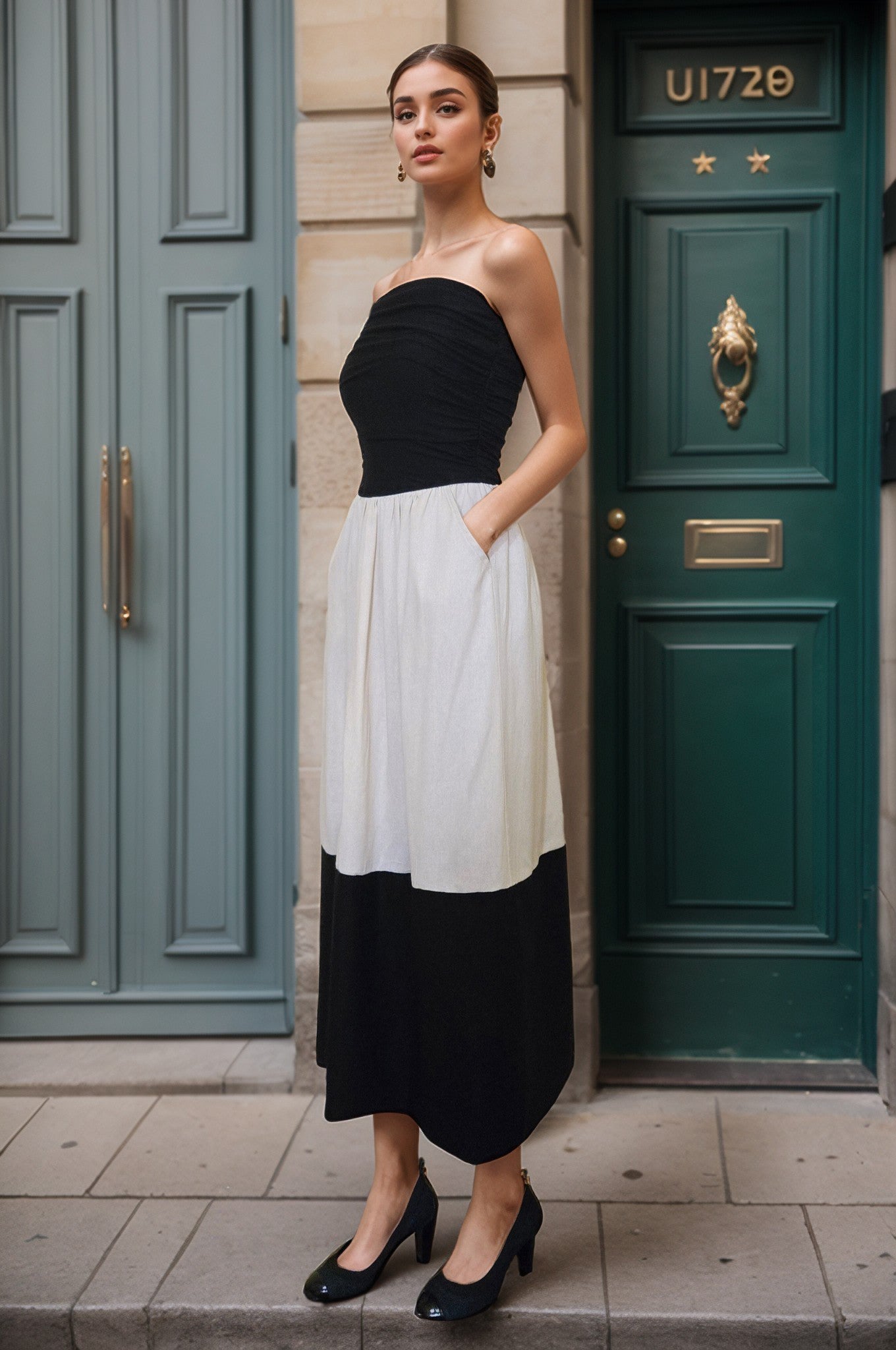 BRITTNEY COLOR BLOCK TUBE MID DRESS(BLK/TAUPE LINEN/BLK)-VD3434