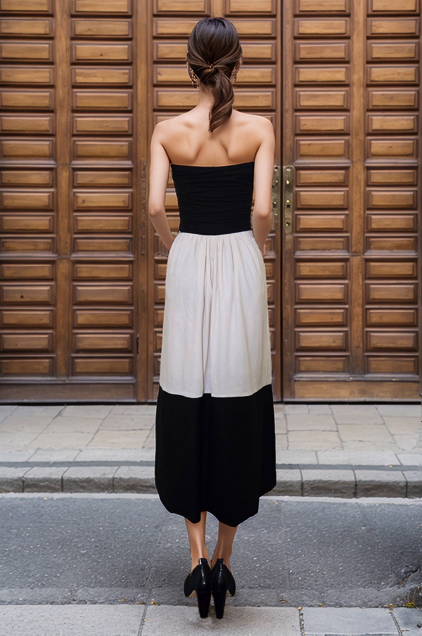 BRITTNEY COLOR BLOCK TUBE MID DRESS(BLK/TAUPE LINEN/BLK)-VD3434