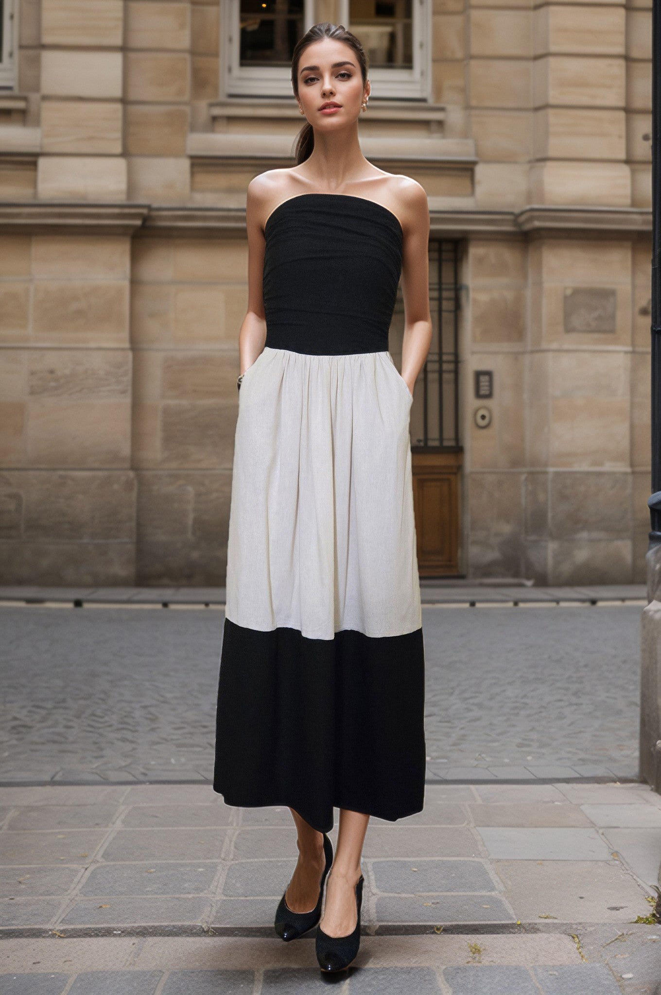 BRITTNEY COLOR BLOCK TUBE MID DRESS(BLK/TAUPE LINEN/BLK)-VD3434