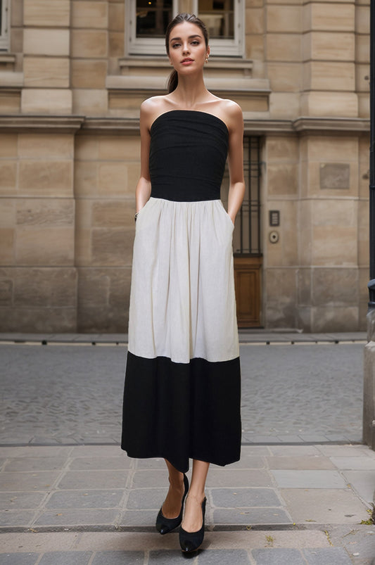 BRITTNEY COLOR BLOCK TUBE MID DRESS(BLK/TAUPE LINEN/BLK)-VD3434