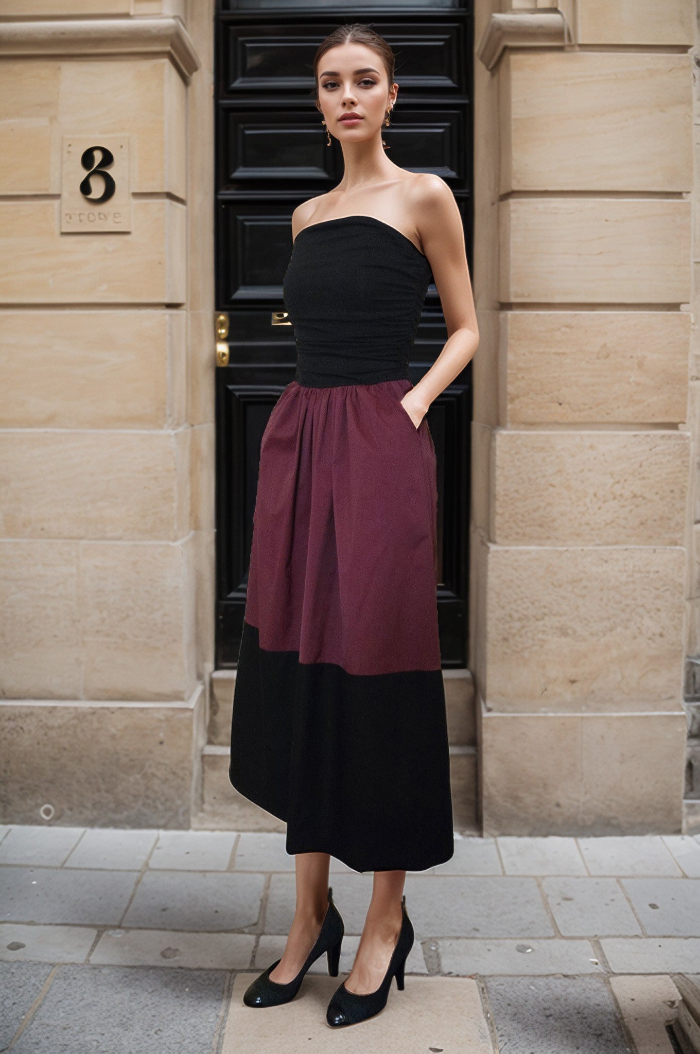 BRITTNEY COLOR BLOCK TUBE MID DRESS(BLK/WINE/BLK)-VD3434