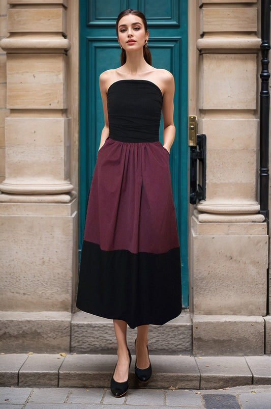 BRITTNEY COLOR BLOCK TUBE MID DRESS(BLK/WINE/BLK)-VD3434