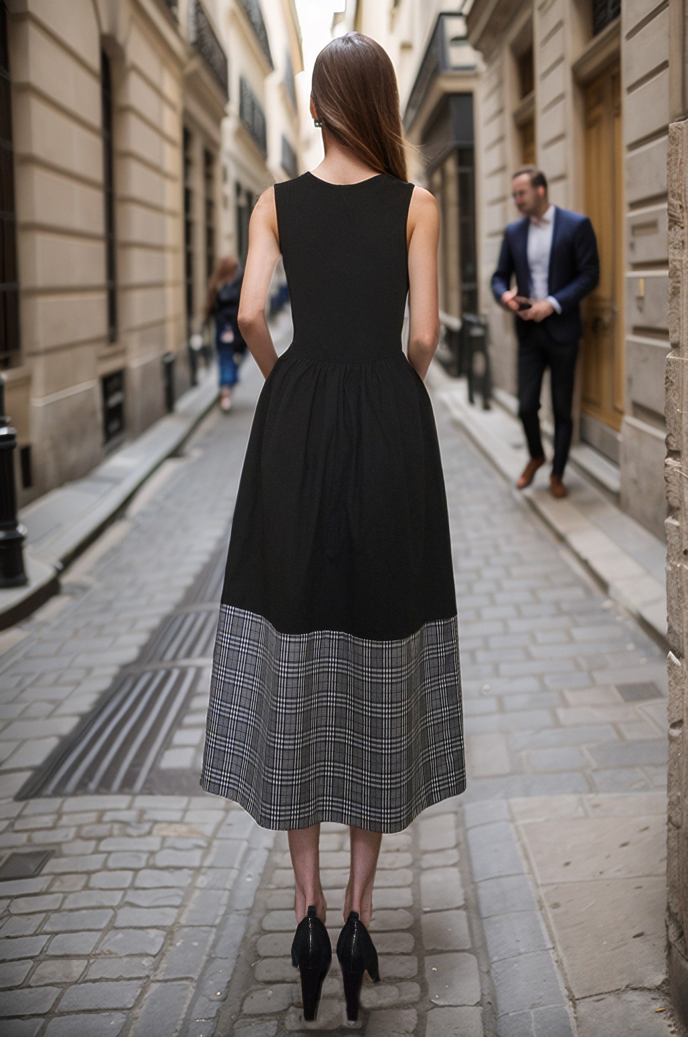 BRITTNEY COLOR BLOCK PLAID MIDI DRESS(BLK/PLAID)-VD3437