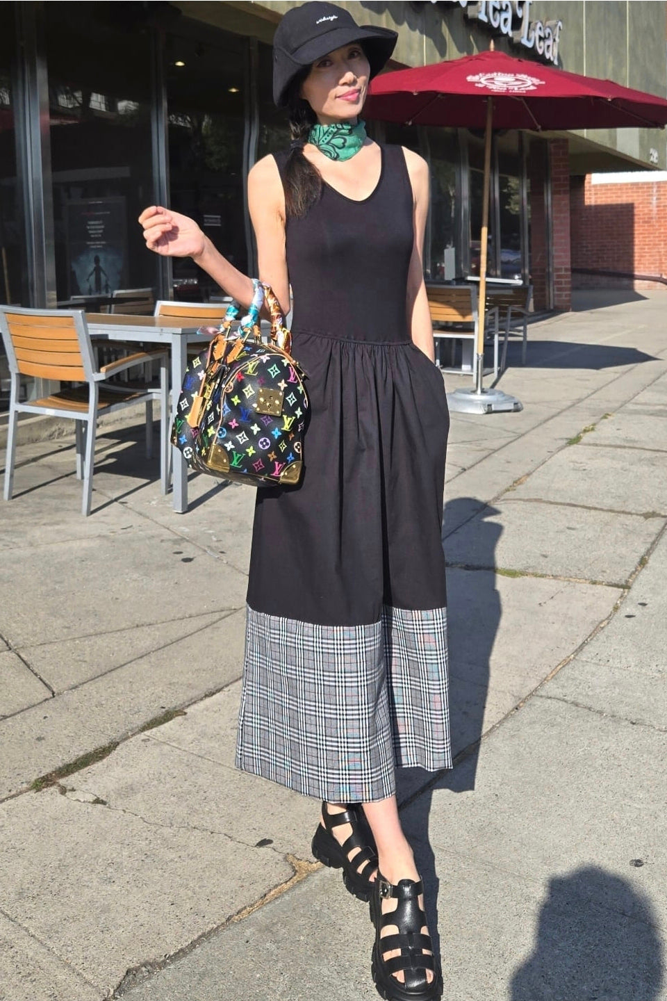 BRITTNEY COLOR BLOCK PLAID MIDI DRESS(BLK/PLAID)-VD3437