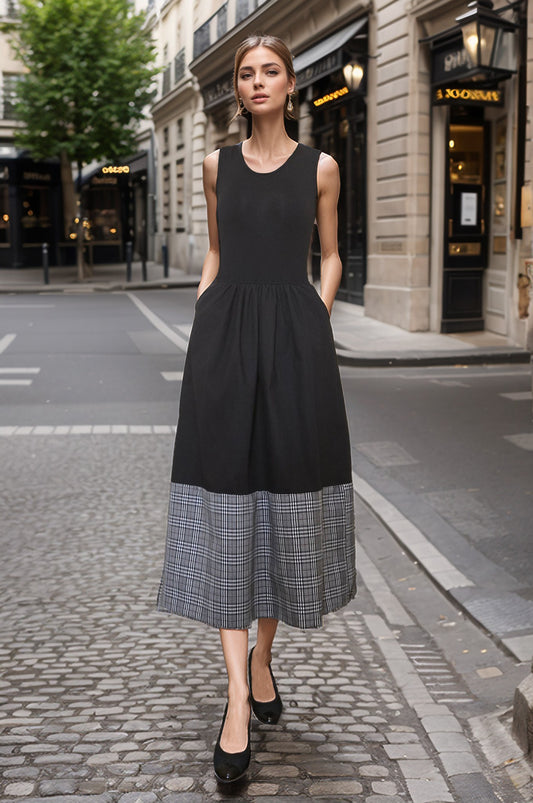 BRITTNEY COLOR BLOCK PLAID MIDI DRESS(BLK/PLAID)-VD3437