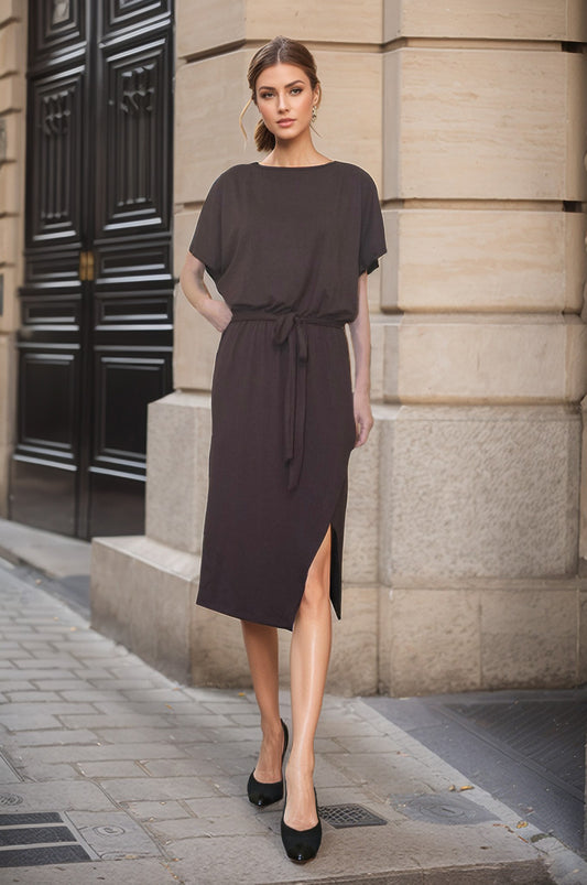 HARPER WAIST TIE MIDI DRESS (CHOCOLATE BROWN)-VD3439