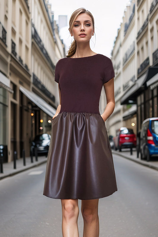 ELLE CAP SLEEVE DRESS (DARK WINE VEGAN LEATHER) - VD3444PU