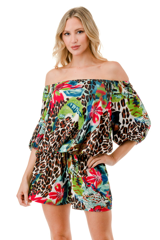 RUBI 3/4 SLEEVE ROMPER (TROPICAL LEOPARD)- VR3313
