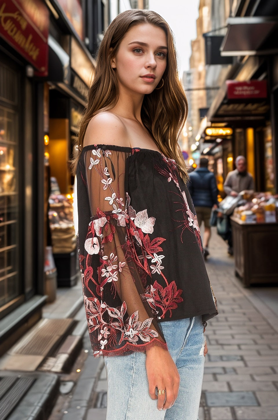 MAGNOLIAS OFF SHOULDER TOP (Black)-VT1880