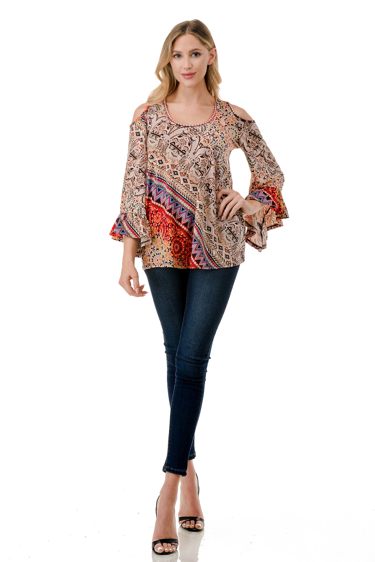 CONSTANCE OPEN SHOULDER TOP (RED MULTI)- VT2399