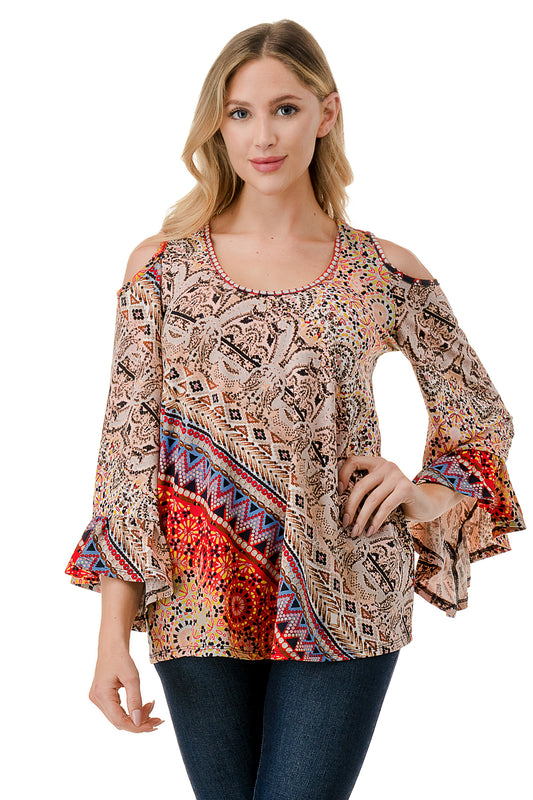 CONSTANCE OPEN SHOULDER TOP (RED MULTI)- VT2399