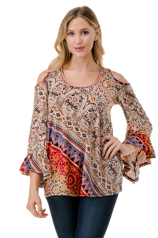 CONSTANCE OPEN SHOULDER TOP (RED MULTI)- VT2399