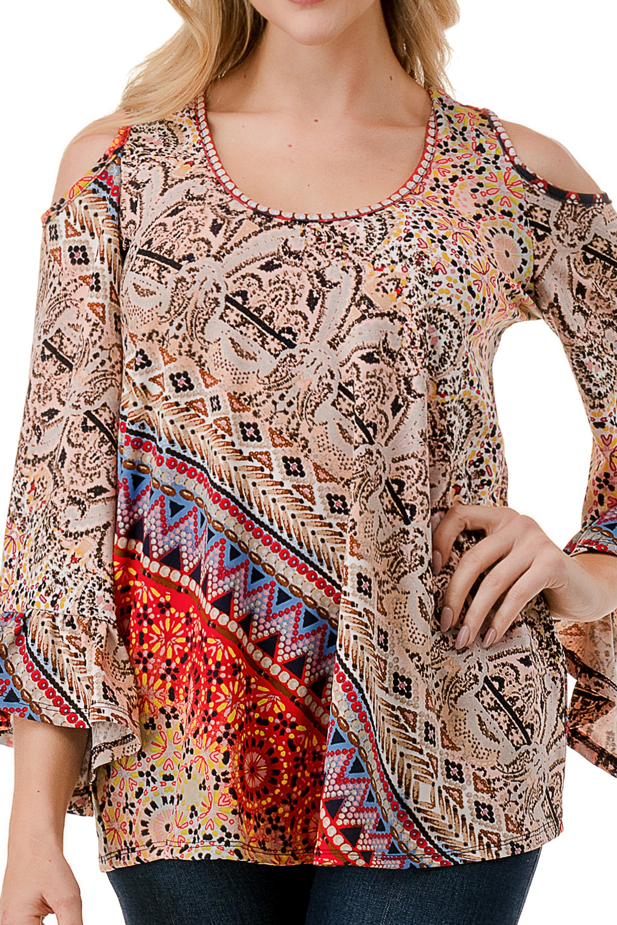 CONSTANCE OPEN SHOULDER TOP (RED MULTI)- VT2399