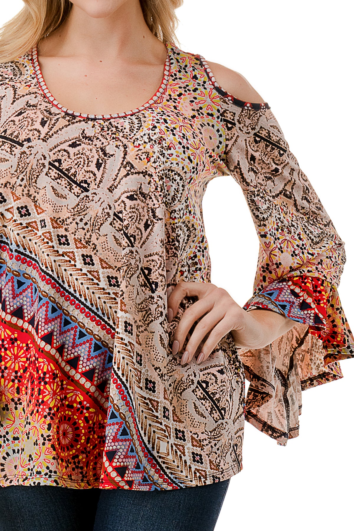 CONSTANCE OPEN SHOULDER TOP (RED MULTI)- VT2399