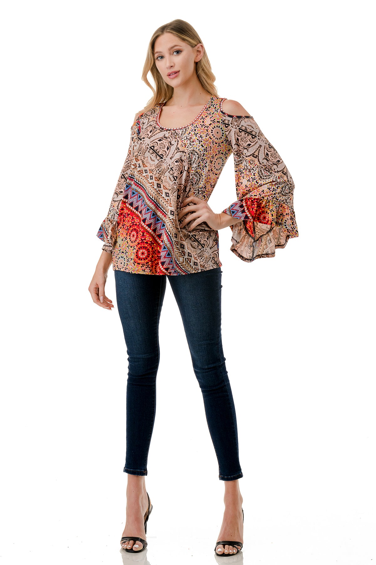 CONSTANCE OPEN SHOULDER TOP (RED MULTI)- VT2399