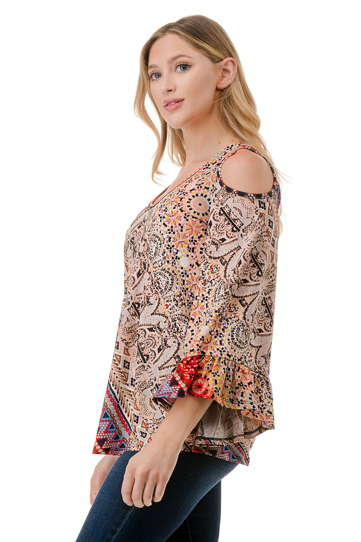 CONSTANCE OPEN SHOULDER TOP (RED MULTI)- VT2399
