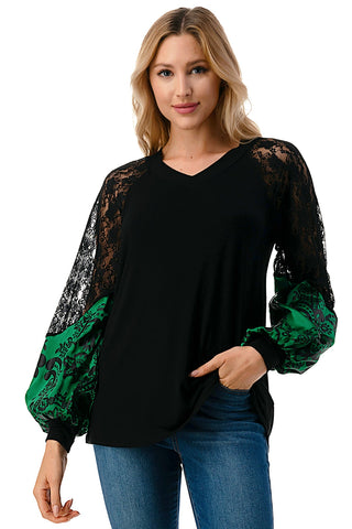 GINA V NECK TOP (BLACK/GREEN FLORAL SILK)- VT2647