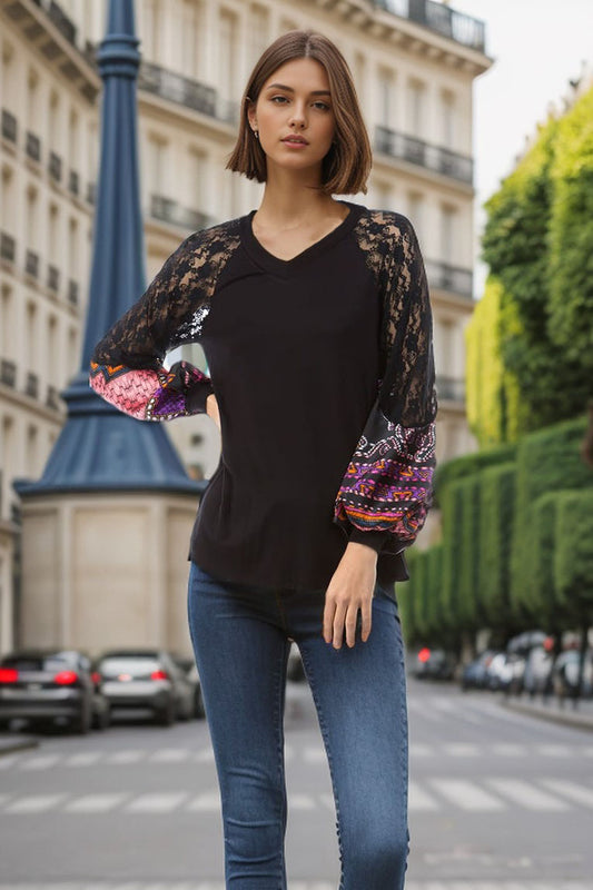 GINA V NECK TOP (BLACK/PURPLE SATIN)- VT2647