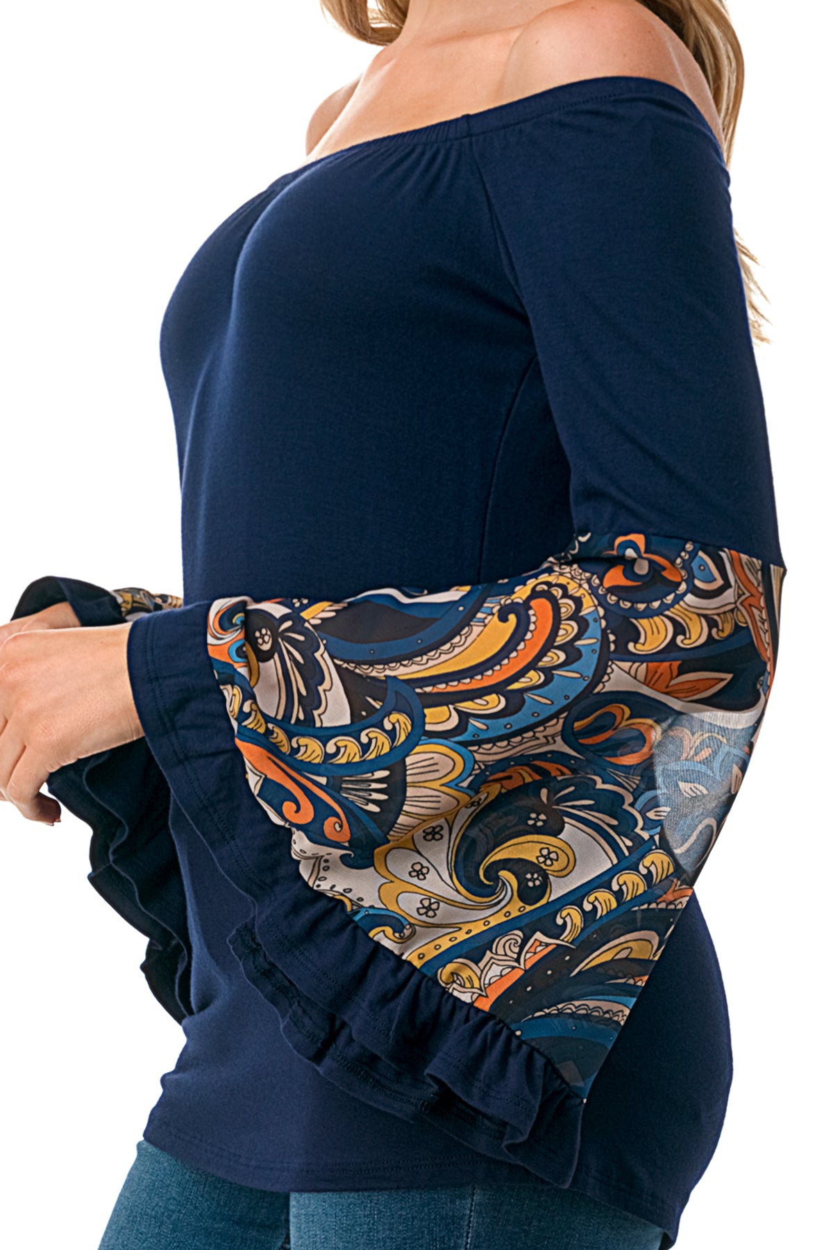 LENA BELL SLEEVE TOP (NAVY / NAVY PAISLEY)- VT2650