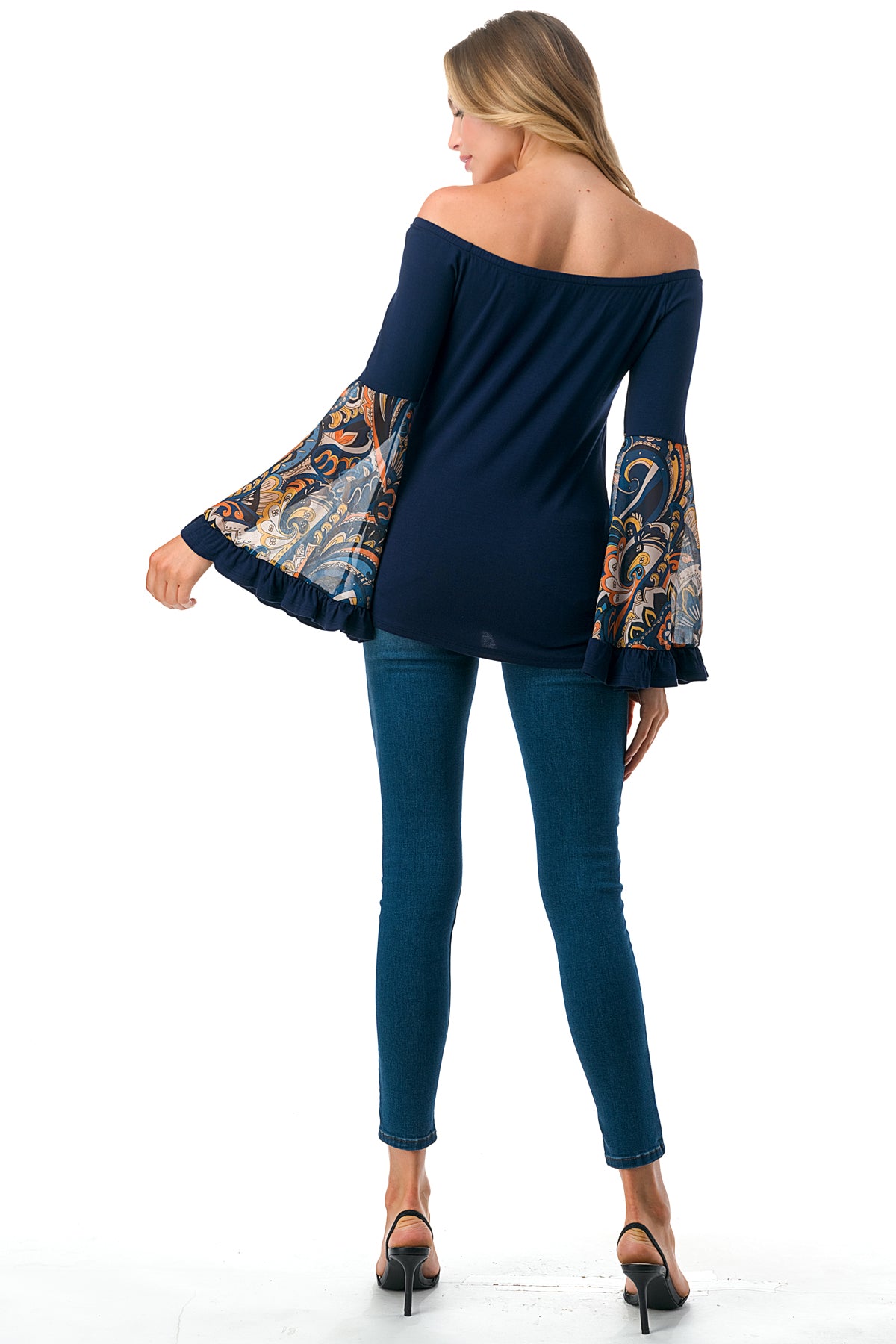 LENA BELL SLEEVE TOP (NAVY / NAVY PAISLEY)- VT2650