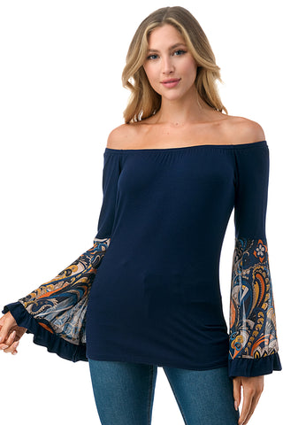 LENA BELL SLEEVE TOP (NAVY / NAVY PAISLEY)- VT2650